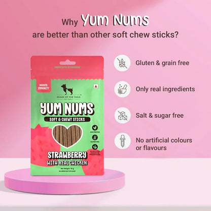 HUFT Yum Nums Soft and Chewy Strawberry with Real Chicken Grain Free Sticks Treats for Dogs