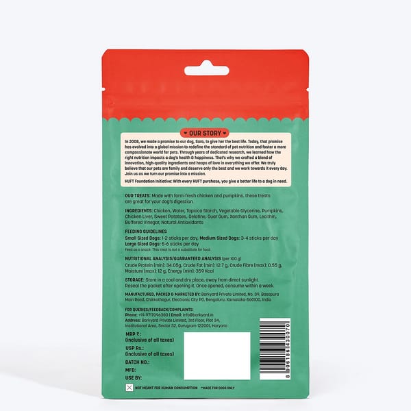 HUFT Yum Nums Pumpkin with Real Chicken Soft and Chewy Grain Free Sticks Treat for Dogs