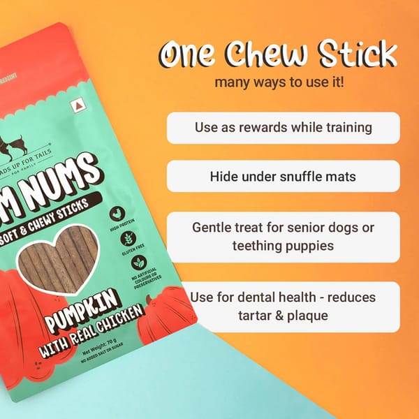 HUFT Yum Nums Pumpkin with Real Chicken Soft and Chewy Grain Free Sticks Treat for Dogs