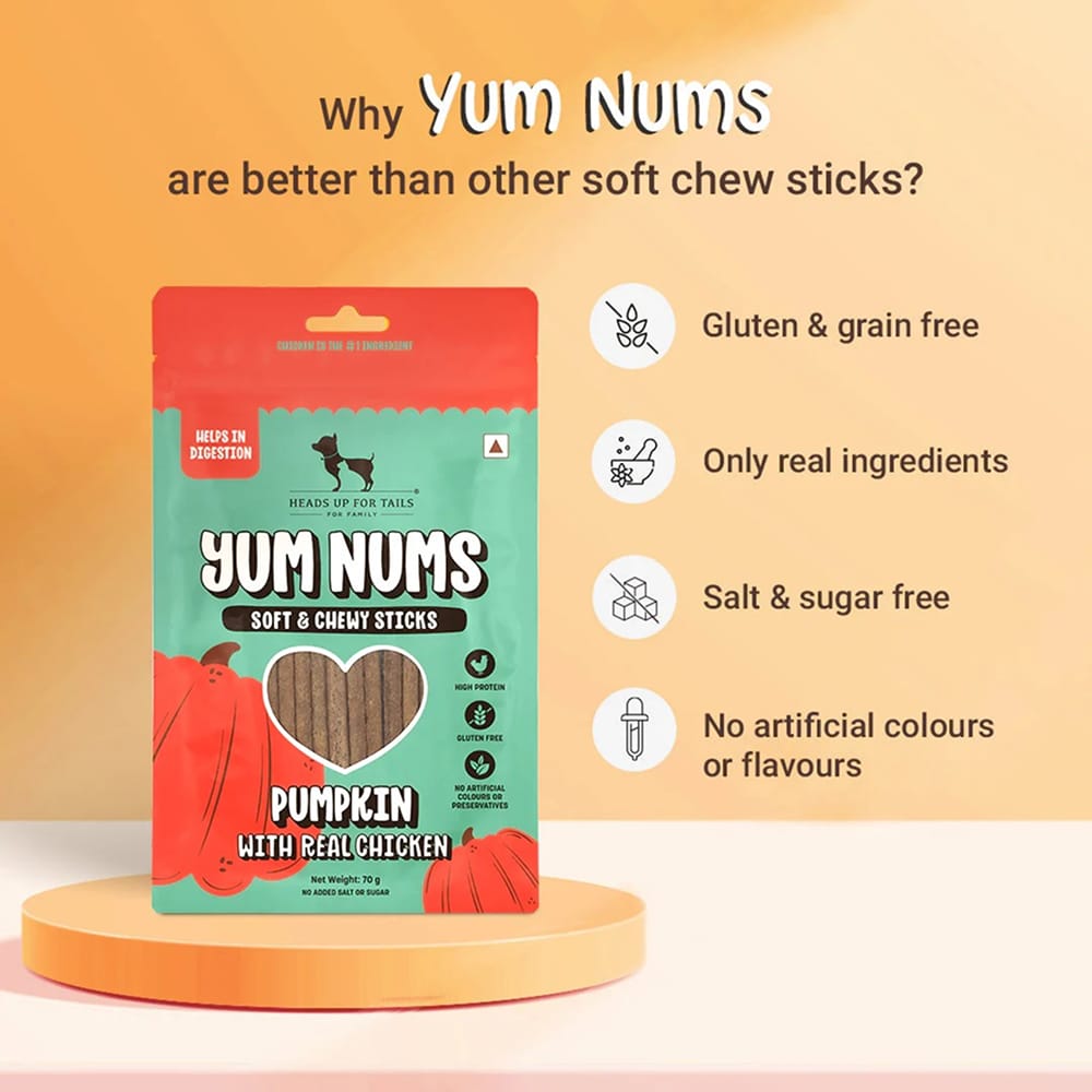 HUFT Yum Nums Pumpkin with Real Chicken Soft and Chewy Grain Free Sticks Treat for Dogs