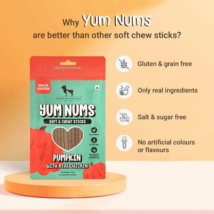 HUFT Yum Nums Pumpkin with Real Chicken Soft and Chewy Grain Free Sticks Treat for Dogs